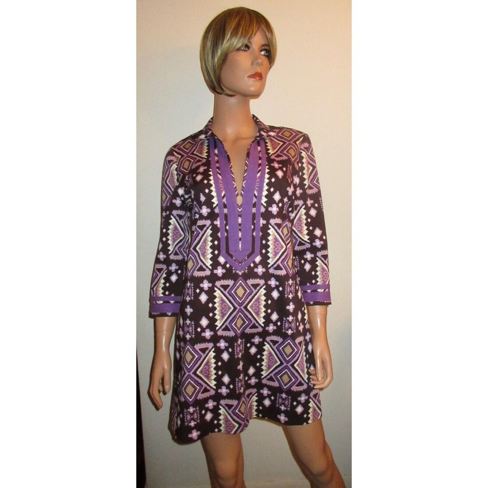 TORY BURCH 4 Stretch Cotton Caftan Dress Ikat Boho Purple Tribal Print Superb!